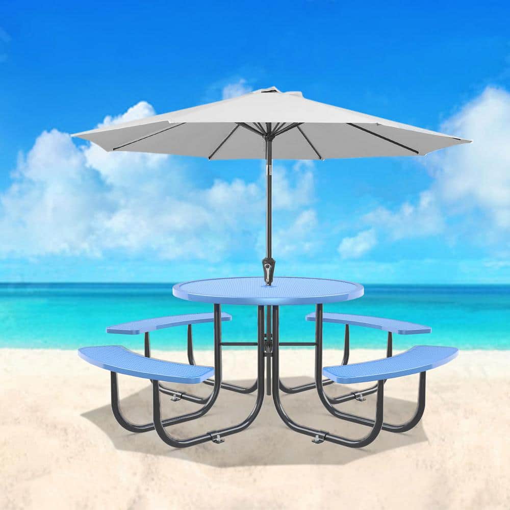 5-Piece Blue Metal 8-Seat Outdoor Dining Set, 46 in. Expanded Round Picnic Table and Chair Set ...