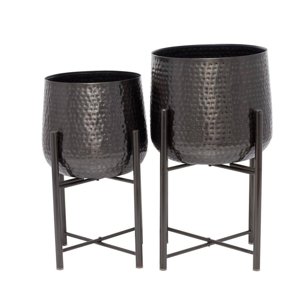 Large Black Metal Planter with Removable Stand, Set of 2