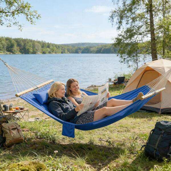2-Person Navy Blue Wood Porch Swing, Patio Swing Chair Double 2-Person Navy Blue Wood Porch Swing, Patio Swing Chair Double