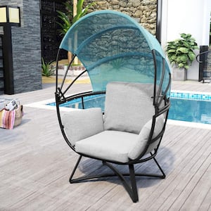 Black Aluminum Outdoor Patio Egg Lounge Chair with Blue Foldable Canopy and Light Gray Cushions