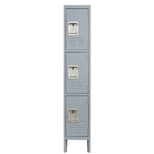 Hephastu 12 in. W x 65.9 in. H x 12 in. D Metal Storage Locker with hooks, Freestanding Cabinet with 3-Door in gray