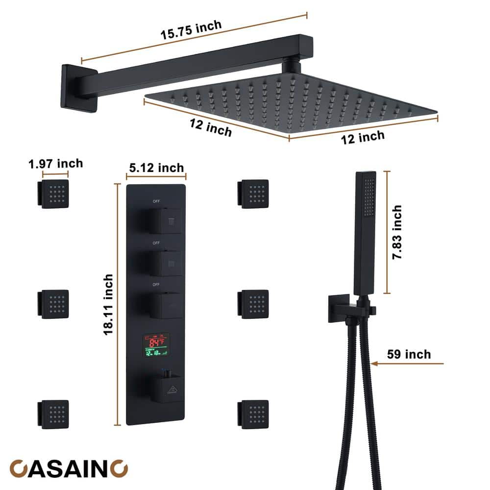 Matte Black Multi-Function Thermostatic Shower System with Digital Display