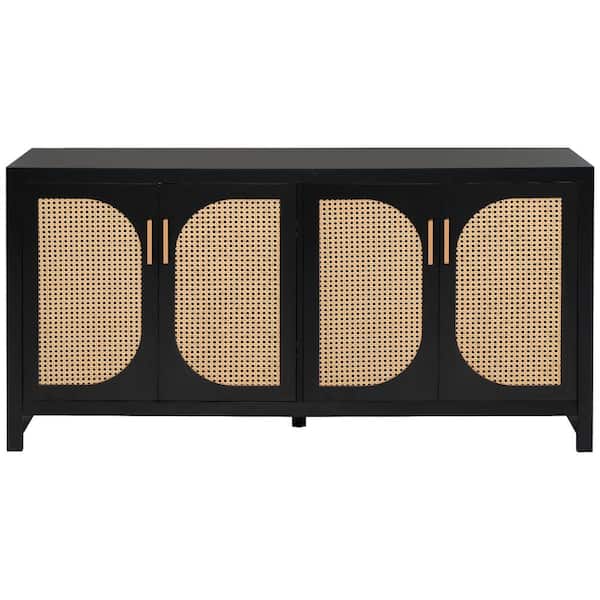 Polibi Black TV Stand Fits TV's up to 65 in. with Adjustable Shelves and Rattan Doors