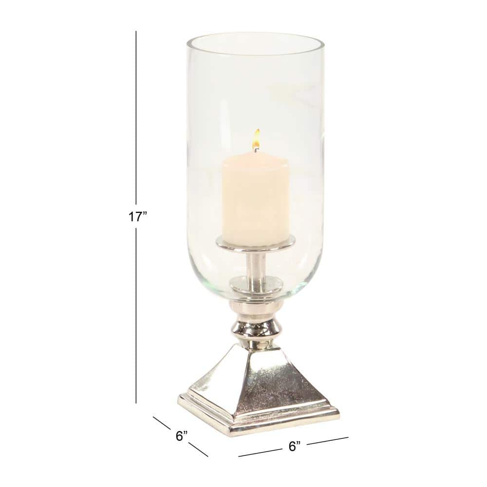 17" Silver Aluminum and Glass Hurricane Candle Holder