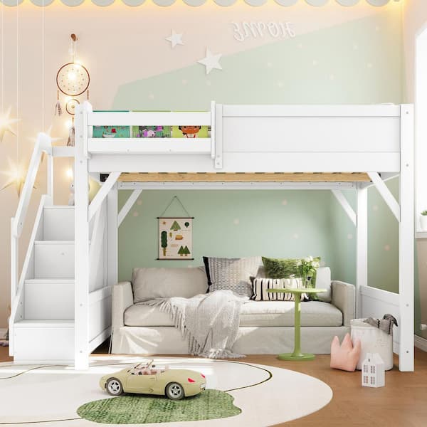 Light White Full Wood Loft Bed with Built-in Wardrobe and Storage Space, Beside Shelves