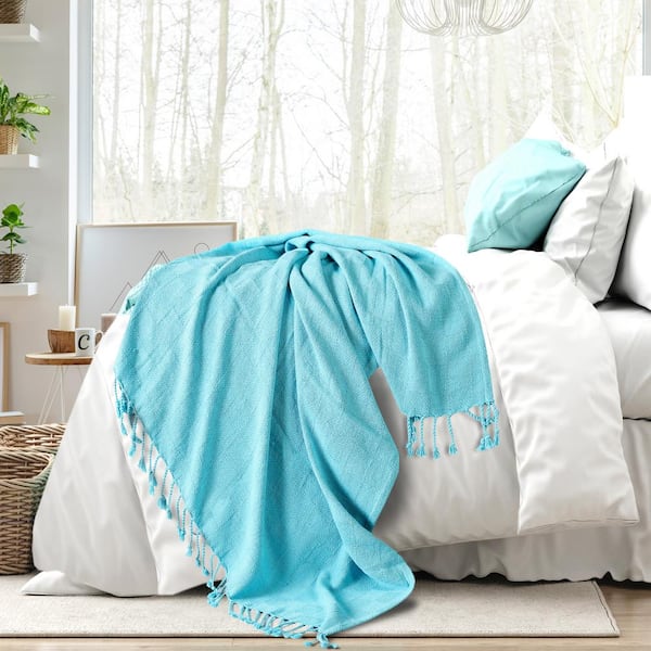 Unbranded Woven 50 in. x 60 in. Angel Blue Solid Checkered Cotton Fringe Throw Blanket