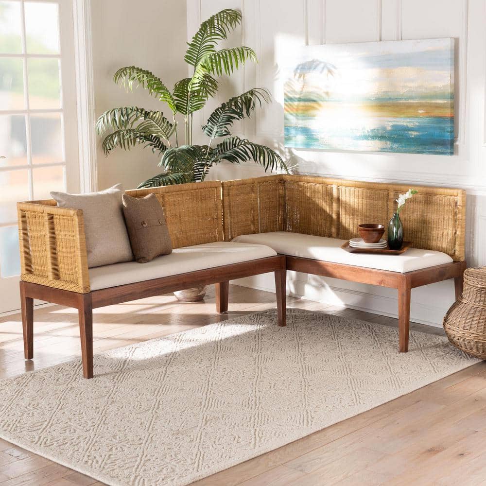 Tabanan Brown Rattan and Acacia Wood 2-Piece Corner Dining Nook Set