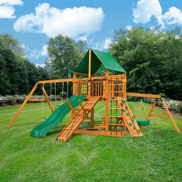 Gorilla Playsets Frontier Wooden Outdoor Playset with Green Vinyl Canopy, Wave Slide, Rock Wall, and Backyard Swing Set Accessories