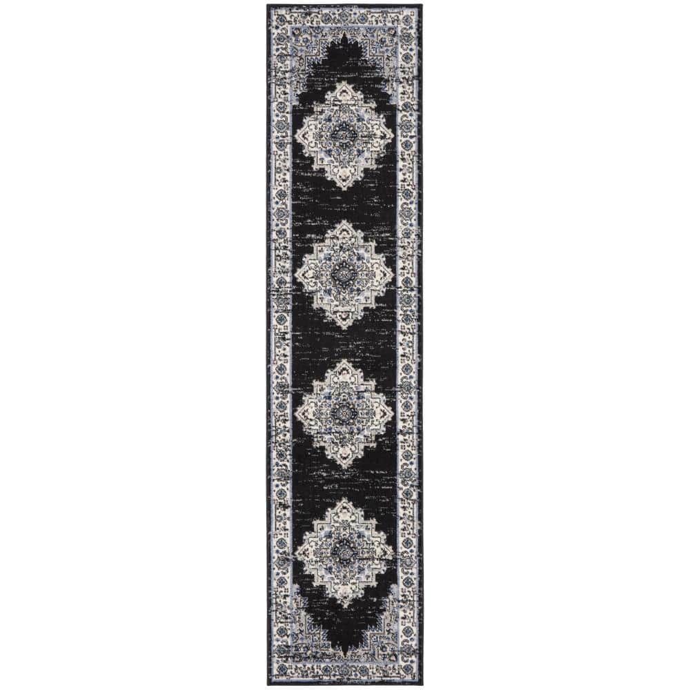 Black Ivory Floral Synthetic Non-slip Runner Rug