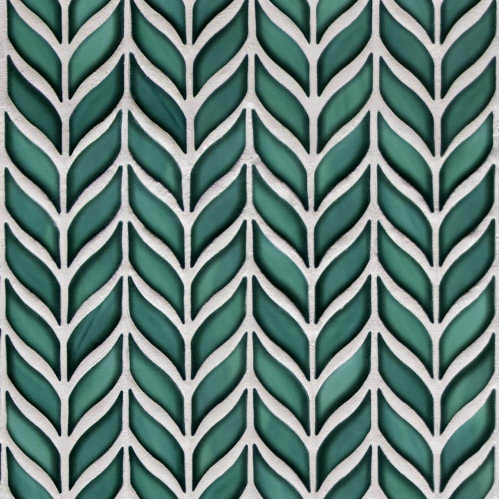 Green 11.3" x 10.7" Glazed Leaf Waterjet Recycled Glass Mosaic Tile