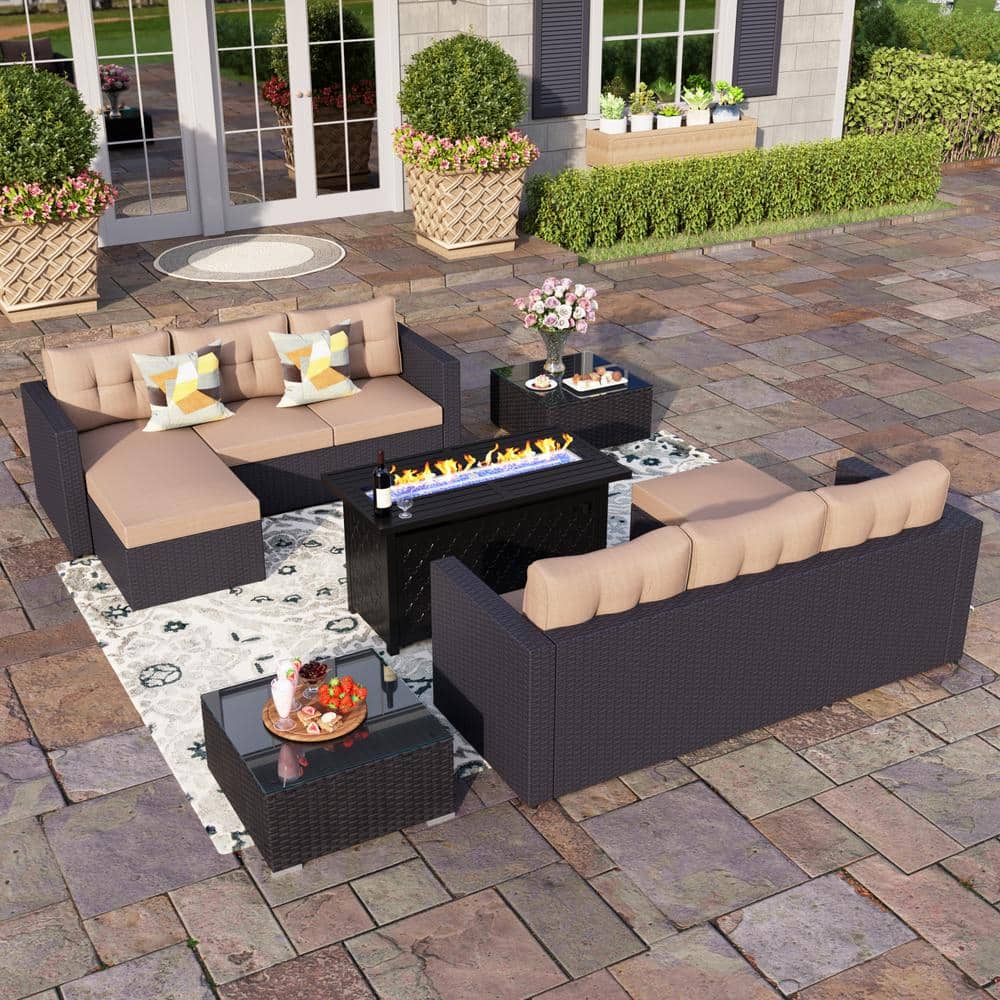 PHI VILLA Black Rattan Wicker 6 Seat 7-Piece Steel Outdoor