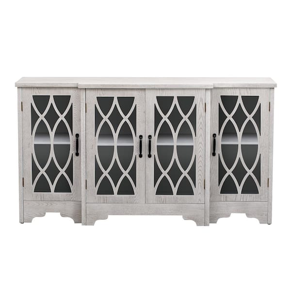 Unbranded 58 in. W x 15.7 in. D x 32 in. H Antique White Glass Door Linen Cabinet with Black Handle and 3-Adjustable Shelves