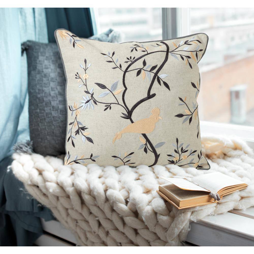Beige and Blue Embroidered Botanical Bird 20" Square Pillow