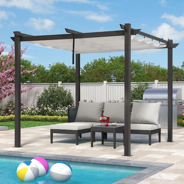 PURPLE LEAF 10 ft. x 10 ft. Gray Aluminum Frame Outdoor Pergola Gazebo with White Retractable Sun Shade Canopy and Extra Top Roof