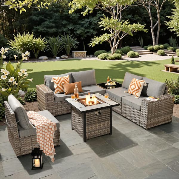 Baldwin Gray 7-Piece Wicker Wide Arm Outdoor Patio Sofa Sectional Set with Square Fire Pit and Dark Gray Cushions