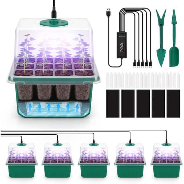 Self-Watering Seed Starter Tray Kit with Grow Light and Humidity Dome 3 Color Light 5-Pack 60-Cell Germination Trays