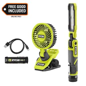 RYOBI USB Lithium Cordless 550 Lumens Rechargeable Inspection Flashlight Kit with USB Lithium Cordless Clamp Fan
