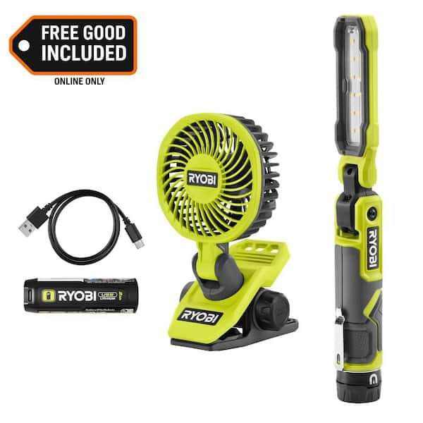 USB Lithium Cordless 550 Lumens Rechargeable Inspection Flashlight Kit with USB Lithium Cordless Clamp Fan