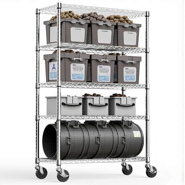 5 Tiers Steel Adjustable Garage Storage Shelving Unit with Wheels in Chrome (47.2 in. W x 76.8 in. H x 17.7 in. D)