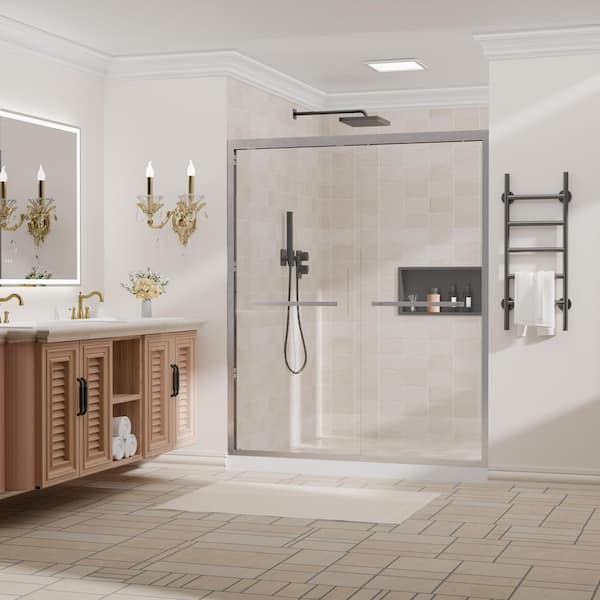 56 in.-60 in. W x 72 in. H Double Sliding Framed Shower Door with Nano-Coated Clean Tempered Glass in Brushed Nickel
