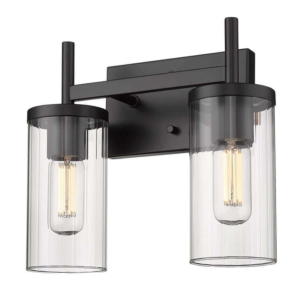 Matte Black Cylinder 2-Light Vanity with Clear Glass Shades