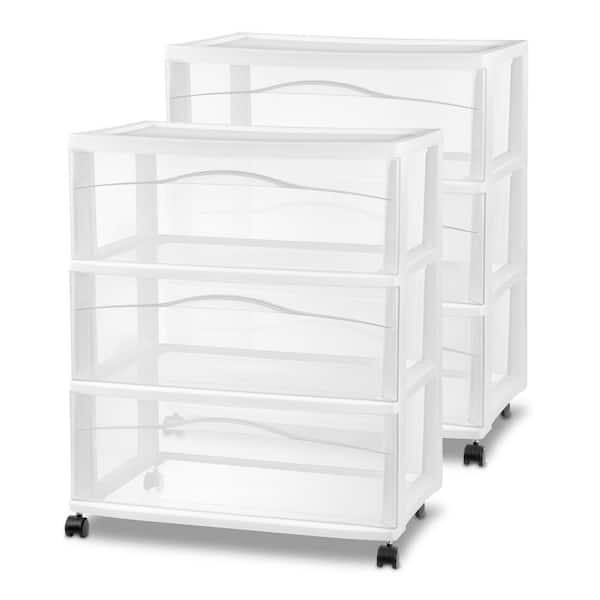 2-Pack Wide 3 Drawer Storage Cart 21.88 in. L x 15.38 in. W x 24.50 in. H, Plastic Rolling Organizer, White