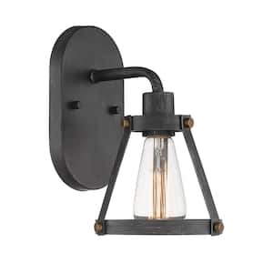 Wicker Park 6.75 in. 1-Light Weathered Pewter Modern Industrial Wall Sconce with Metal Cage and Old Satin Brass Accents