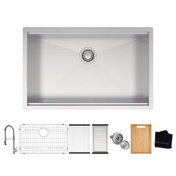 Zero Radius 30 in. Undermount Single Bowl 18 Gauge Stainless Steel Workstation Kitchen Sink with Spring Neck Faucet