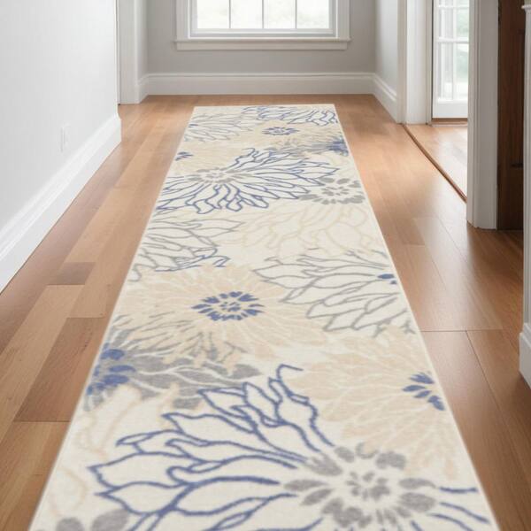 2 X 10 Blue Floral Washable Area Rug Runner Rug