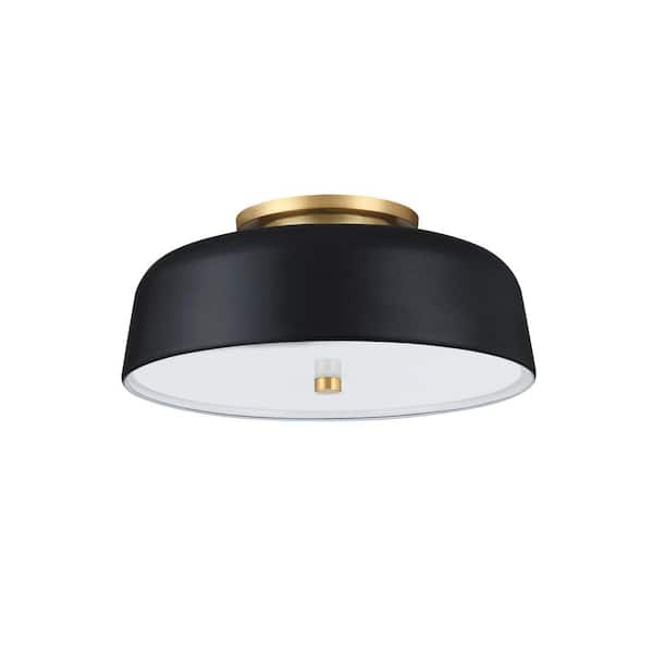 McKay 12.1 in. 2-Light Matte Black Mid-Century Modern Flush Mount Ceiling Light with Metal Shade and Glass Diffuser