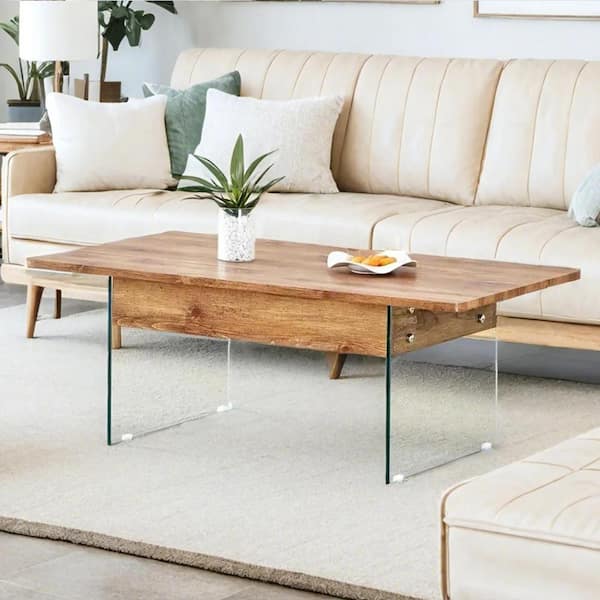 Polibi 43.3 in. Natural Wood, Transparent Rectangle Glass
