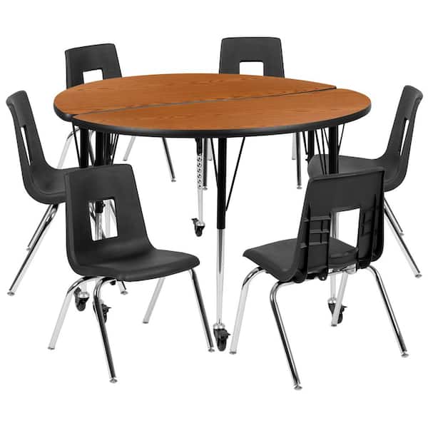 Carnegy Avenue Mobile 47.5 in. Circle Wave Collaborative Laminate Activity Table Set with 18 in. Student Stack Chairs, Oak/Black