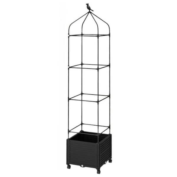 16.5 in. x 16.5 in. x 83 in. Black PE Coated Metal Detachable Raised Garden Bed with Trellis, Self-Watering and Drainage