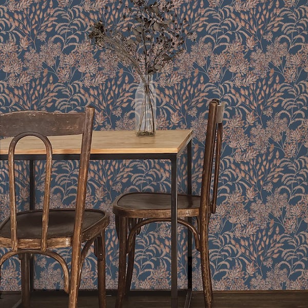 Navy and Mauve Stencil Foliage Unpasted Wallpaper Roll (Covers 60 sq. ft.)