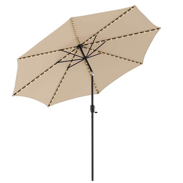 WELLFOR 10 ft. Octagon Metal Market Solar LED Lighted Tilt Patio Umbrella in Beige with Easy Crank