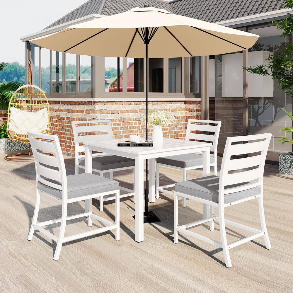 Polibi White 5Piece Acacia Wood Outdoor Dining Table and Chairs with