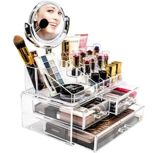 Freestanding 3-Drawers and 1 Tray 14.75 in. H Makeup Organizer with Makeup Mirror in Clear for Cosmetics and Jewelry