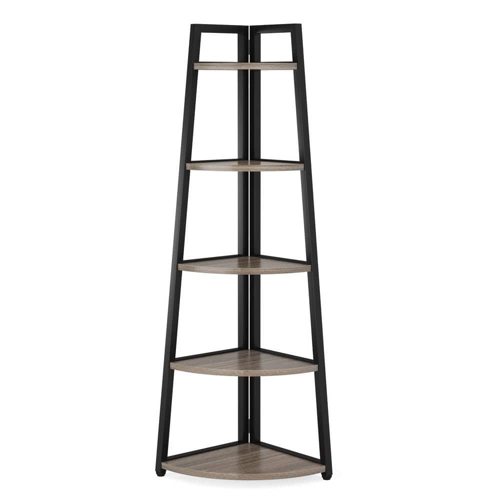 BYBLIGHT Eulas 70 in. Gray Wood Rustic 5 Tier Corner Standard Bookcase