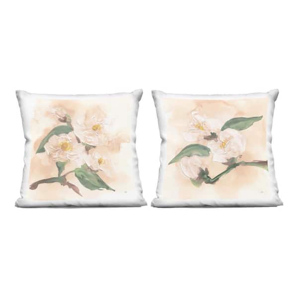 Faded Dimensional Magnolias Beige Floral Zipper Polyester 18 in. x 18 in. Throw Pillow (Set of 2)
