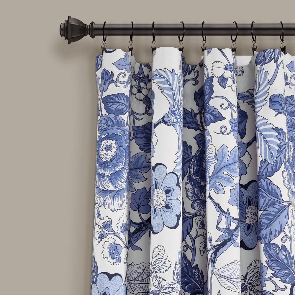 Navy and White Floral Blackout Polyester Curtains, 52" x 84"