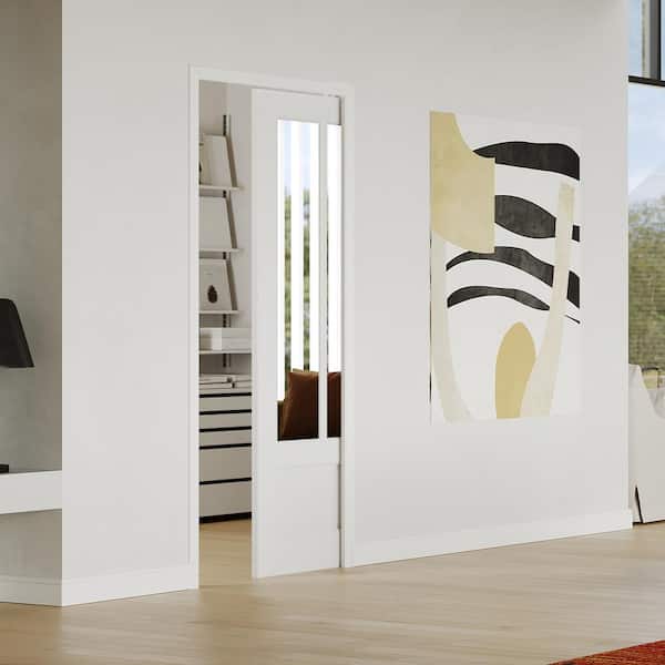 30 in. x 80 in. 2-Lite, 2-Panel, Composite, Tempered Mirrored Glass, MDF, White Primed Pocket Door Frame with Hardware