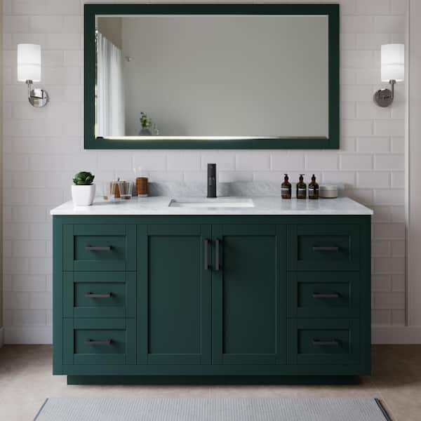 Wyndham Collection Miranda 66 in. W x 22 in. D x 33.75 in. H Single Sink Bath Vanity in Green with White Carrara Marble Top and Mirror