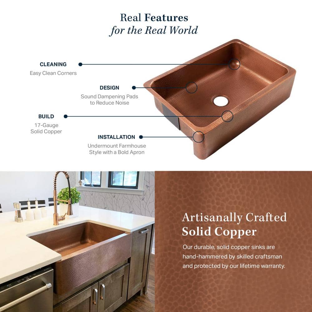 Lange Copper 25" Single Bowl Farmhouse Apron Front Sink