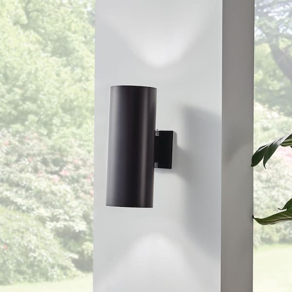 Independence 15 in. 2-Light Black Outdoor Hardwired Wall Cylinder Sconce with No Bulbs Included (1-Pack)