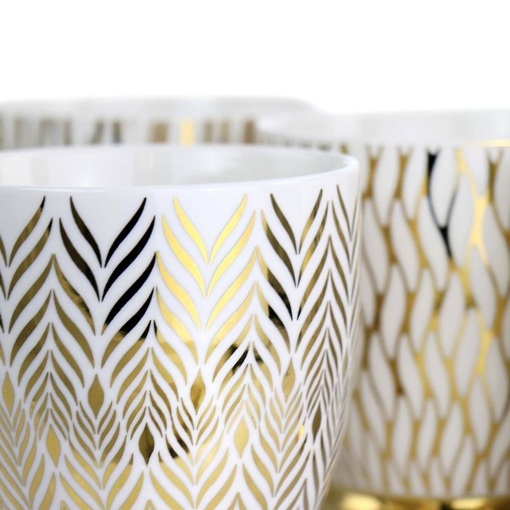 Gold Electroplated Fine Ceramic Mug Set, 4-Piece, White and Gold