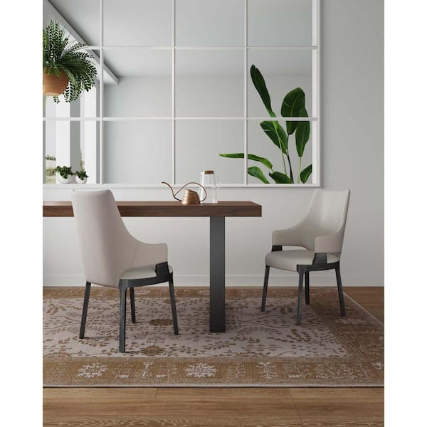 Manhattan Comfort Kara Modern Light Gray Faux Leather and Velvet Upholstered Dining Arm Chair (Set of 2)