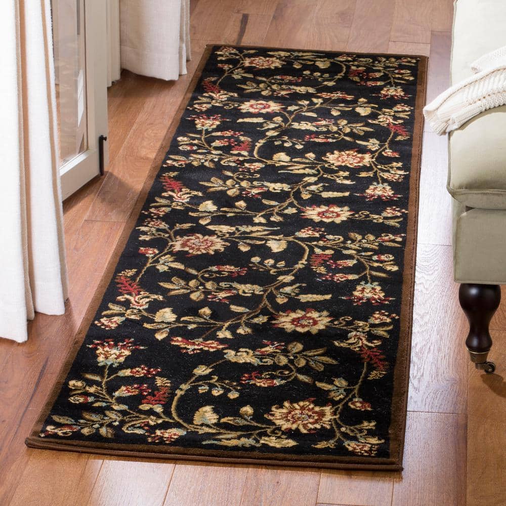 Black Floral Reversible Synthetic Runner Rug, 2'3" x 12'