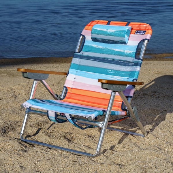 Aluminum 5-Position Adjustable Outdoor Folding Reclining Beach Chair with Backpack, Rainbow Stripe, Orange(2-Pack)