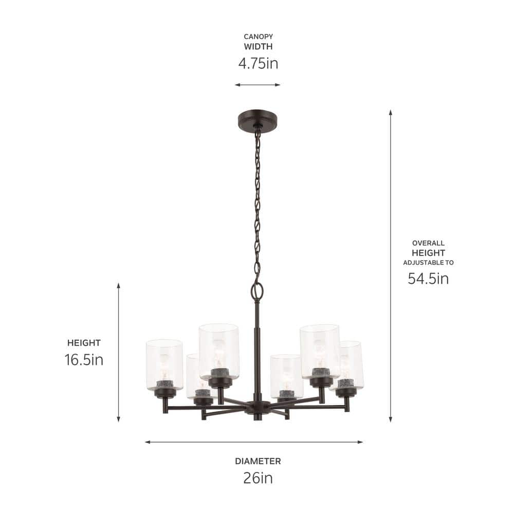Bronze 6-Light Chandelier with Clear Seeded Glass Shades