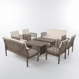 Thalia gray 8-Piece Wood Patio Conversation Set with Cream Cushions